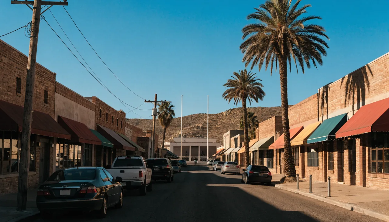 Centro historico de Calexico junto a la garita oeste con comercios y trafico