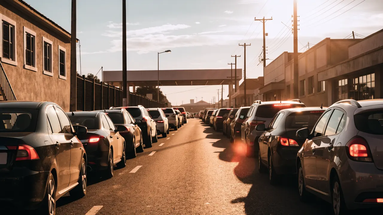 Fila de autos esperando en la cola de la garita oeste en el centro de Calexico