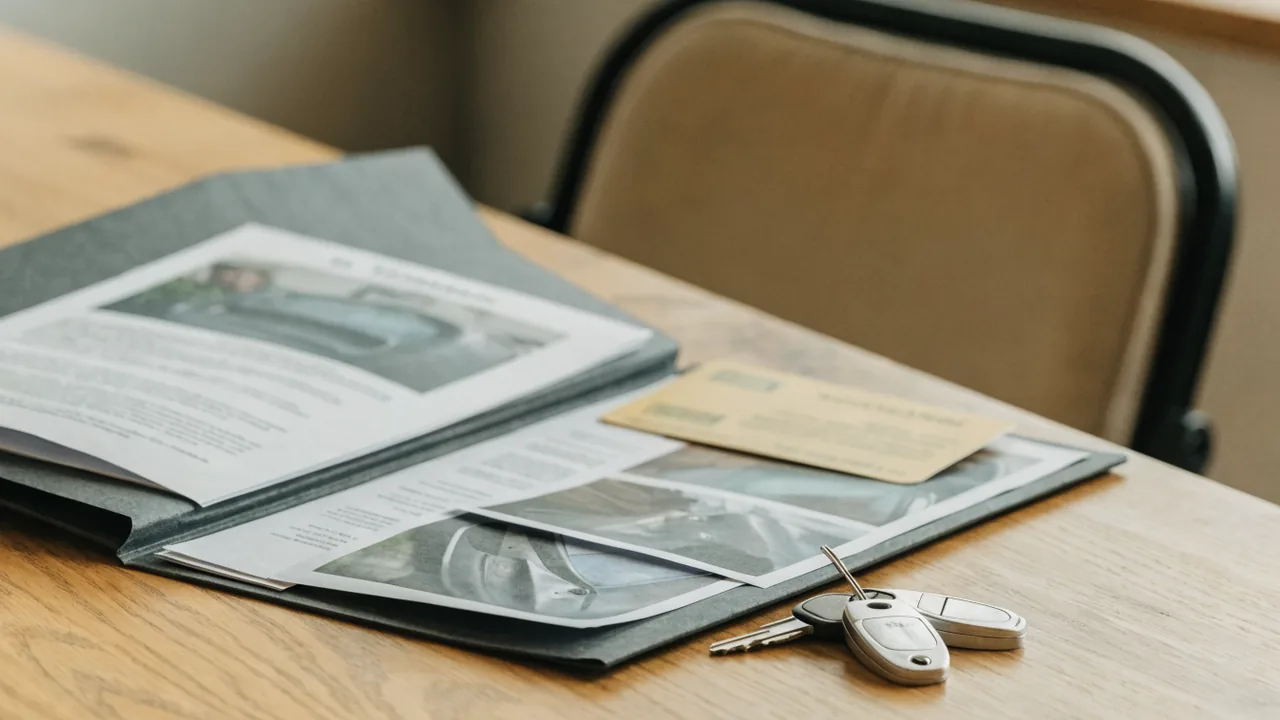 Carpeta con fotos del choque tarjetas de seguro y papeles medicos lista para la consulta en Calexico