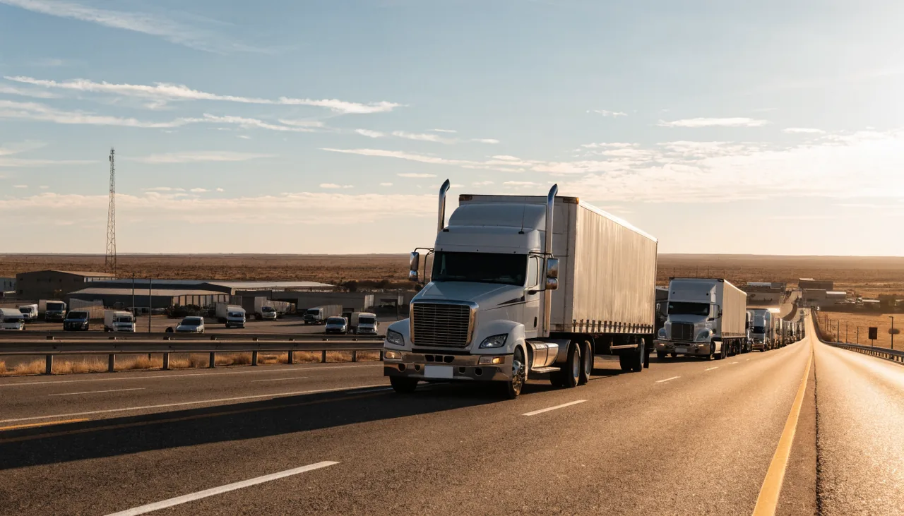 Trailer de carga comercial en el corredor de la garita este de Calexico