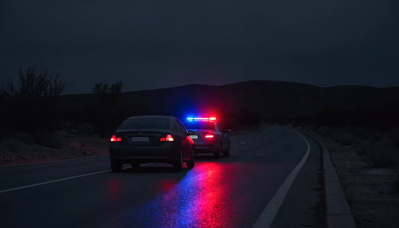 Luces de patrulla en una parada de transito nocturna en Calexico
