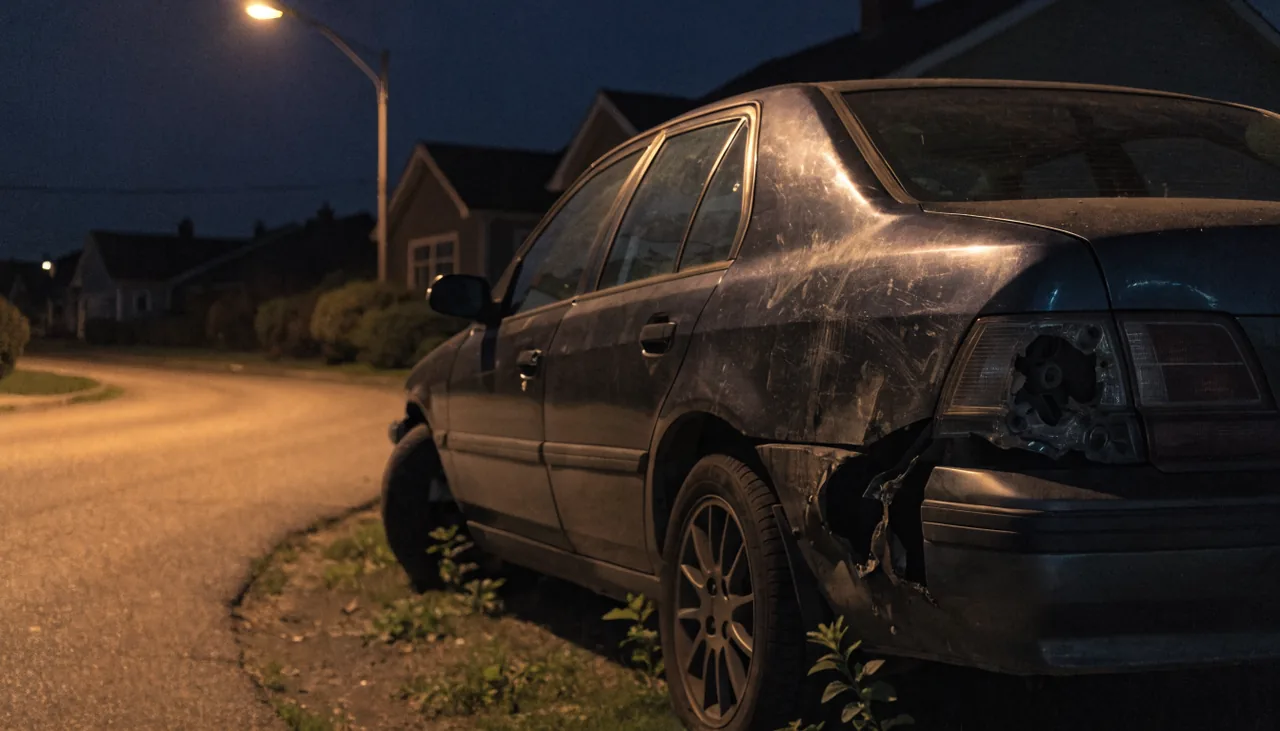 Auto danado abandonado en la orilla de una calle de Calexico de noche