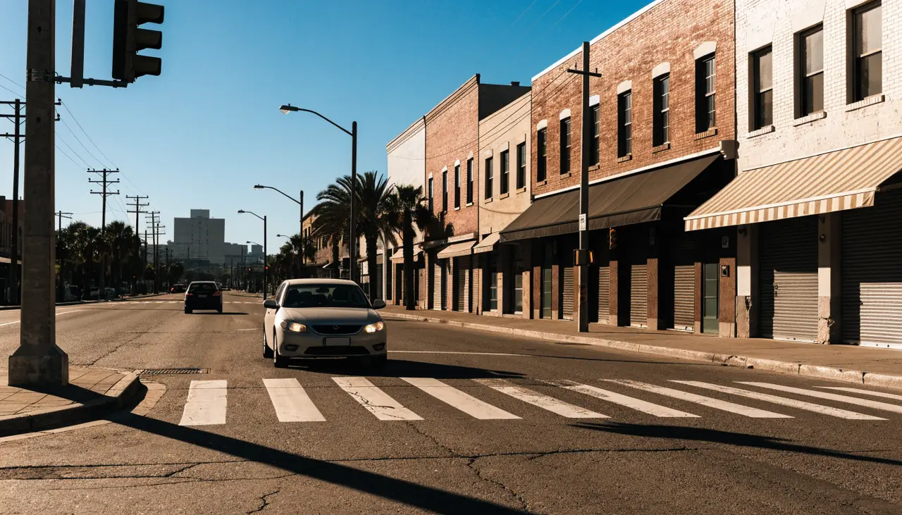 Cruce peatonal marcado cerca de la garita oeste en el centro de Calexico